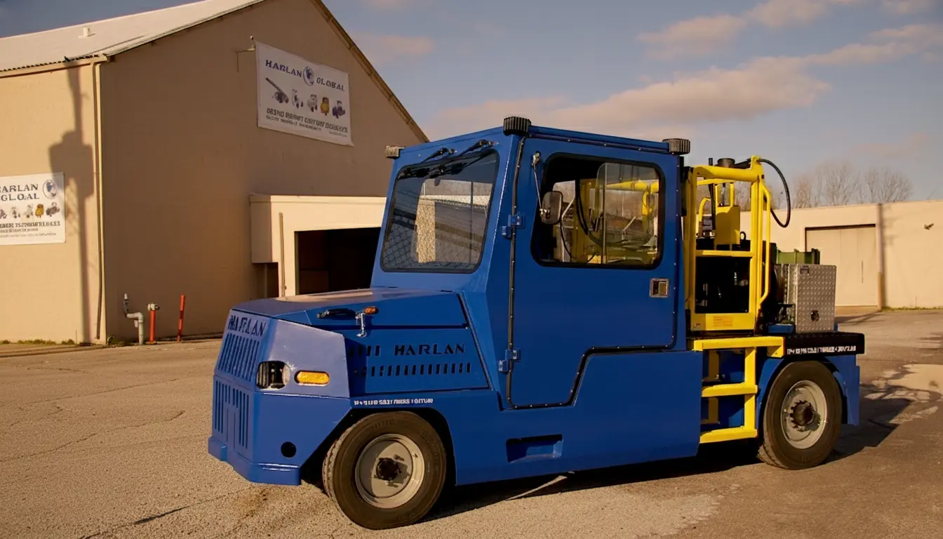 Modern Harlan tractor in front of headquarters at dusk, reflecting the company’s vision for evolving and sustainable GSE technology.